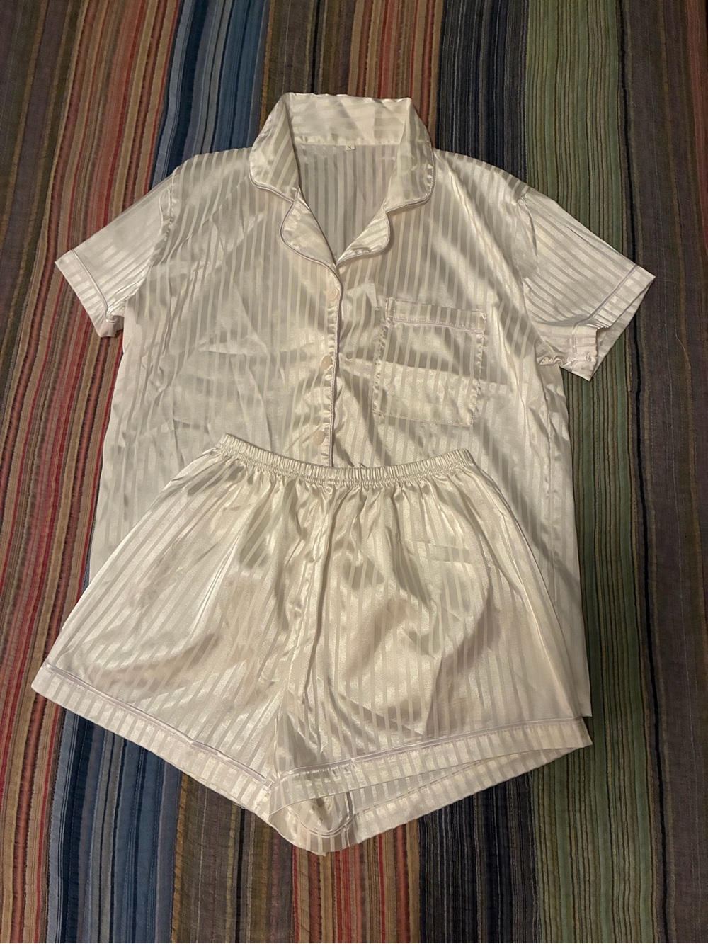 Women’s Shorts & Short Sleeve Satin Striped White Pajama Set - Bride Pajama Set